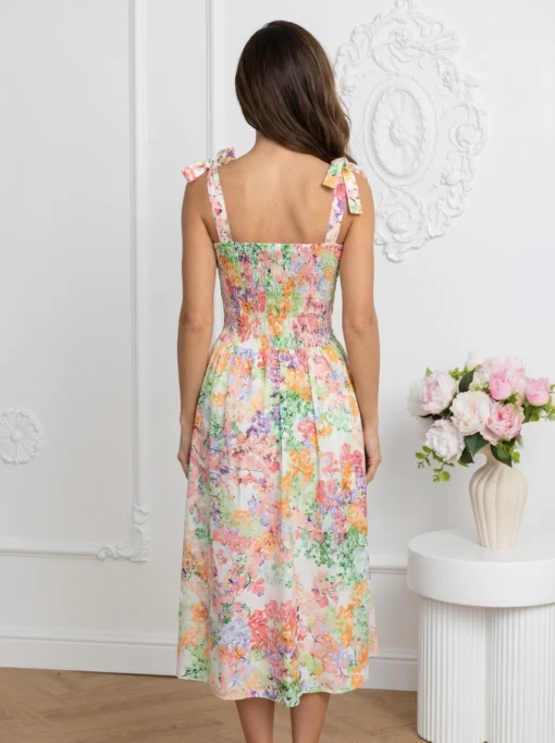rochie-midi-multicolora-cu-imprimeu-floral-abstract-si-bretele-cu-funda