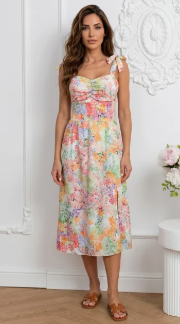 rochie-midi-multicolora-cu-imprimeu-floral-abstract-si-bretele-cu-funda