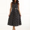 rochie-midi-neagra-cu-buline-albe-si-curea