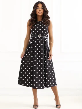 Rochie midi neagra cu buline albe si curea