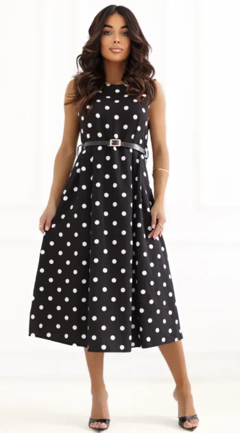 rochie-midi-neagra-cu-buline-albe-si-curea