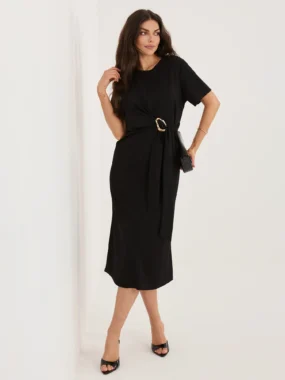 Rochie midi neagra cu detaliu metalic in talie