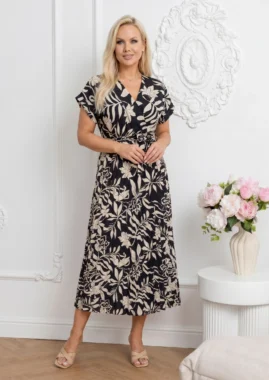 Rochie midi neagra din vascoza cu imprimeu floral alb-negru