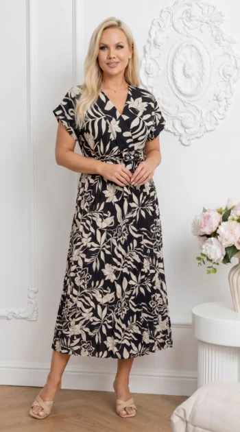 rochie-midi-neagra-cu-imprimeu-floral-alb-negru