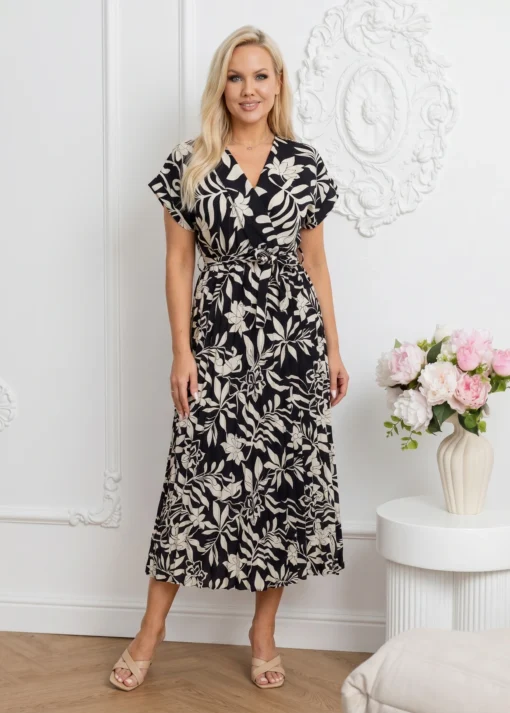 rochie-midi-neagra-cu-imprimeu-floral-alb-negru