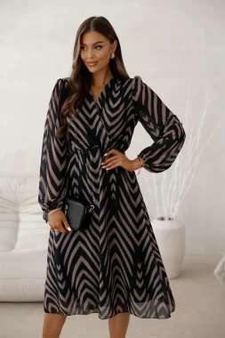 Rochie midi neagra cu imprimeu geometric si maneci lungi
