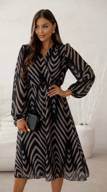 rochie-midi-neagra-cu-imprimeu-geometric-si-maneci-lungi