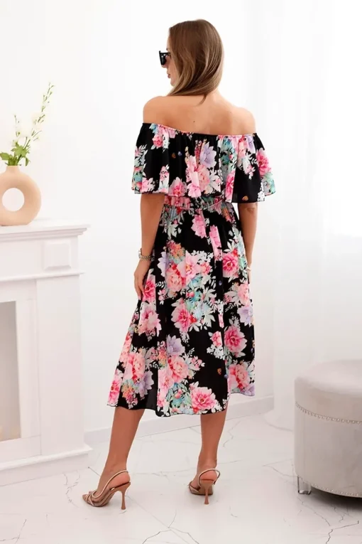 rochie-midi-neagra-cu-umeri-goi-si-imprimeu-floral-colorat