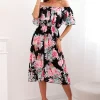 rochie-midi-neagra-cu-umeri-goi-si-imprimeu-floral-colorat
