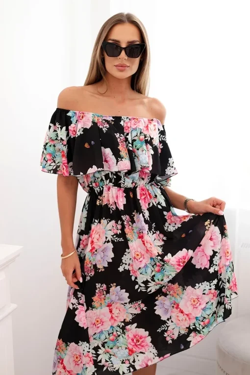 rochie-midi-neagra-cu-umeri-goi-si-imprimeu-floral-colorat