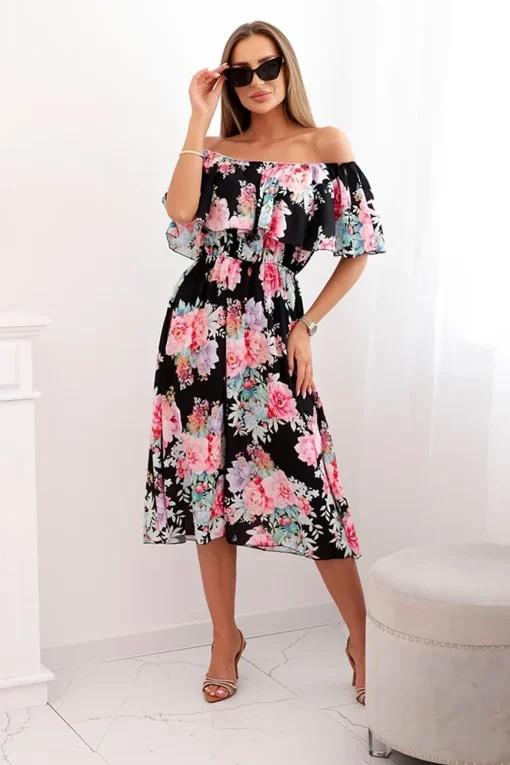 rochie-midi-neagra-cu-umeri-goi-si-imprimeu-floral-colorat
