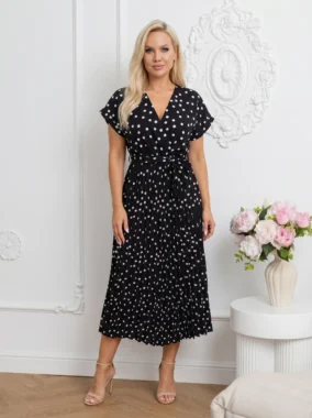 Rochie midi neagra din vascoza cu buline si decolteu petrecut
