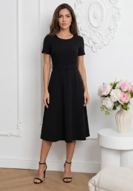 Rochie midi neagra eleganta in clos cu curea asortata