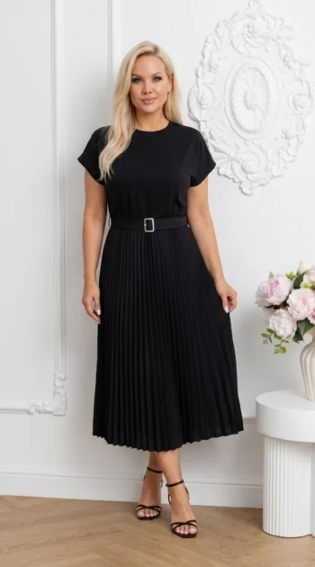 rochie-midi-neagra-plisata-cu-curea-in-talie-si-decolteu-rotund