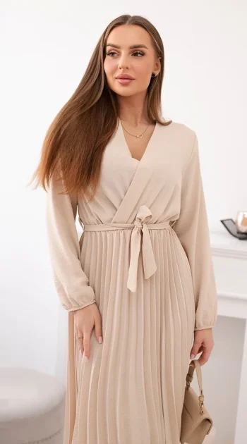 rochie-midi-plisata-bej-cu-cordon-in-talie