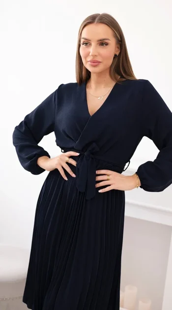 rochie-midi-plisata-bleumarin-cu-cordon-in-talie
