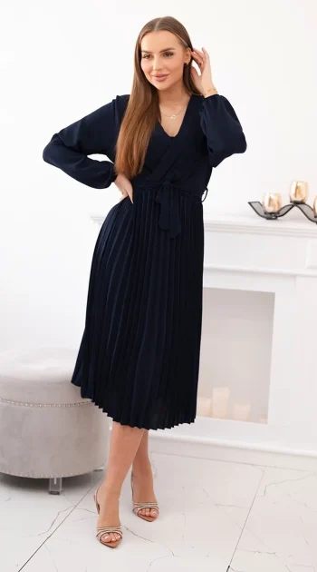 rochie-midi-plisata-bleumarin-cu-cordon-in-talie