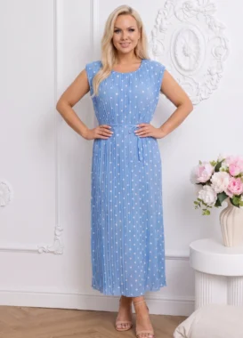 Rochie midi plisata cu buline si cordon subtire in talie