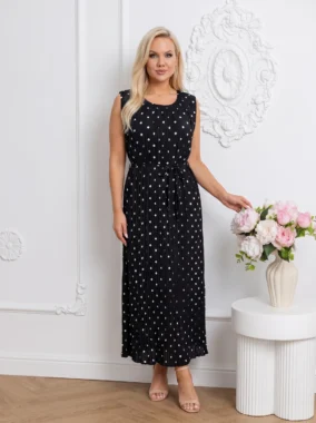 Rochie midi plisata cu buline si cordon subtire in talie