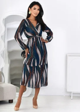 Rochie midi plisata eleganta cu imprimeu abstract in nuante de maro si albastru