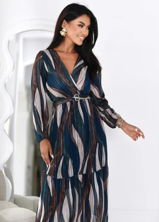 rochie-midi-plisata-eleganta-cu-imprimeu-abstract-in-nuante-de-maro-si-albastru