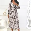 rochie-midi-plisata-eleganta-ecru-cu-imprimeu-floral-maro-si-curea-in-talie