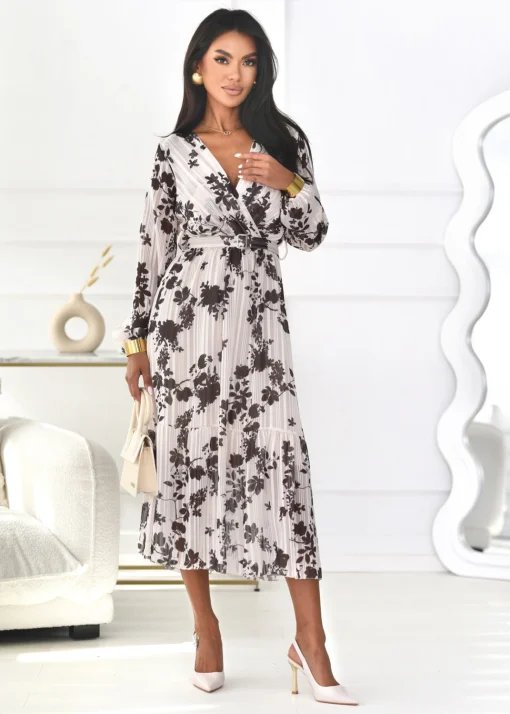 rochie-midi-plisata-eleganta-ecru-cu-imprimeu-floral-maro-si-curea-in-talie