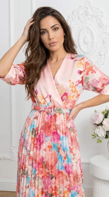 rochie-midi-plisata-roz-cu-imprimeu-floral