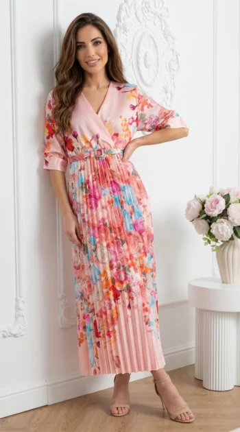 rochie-midi-plisata-roz-cu-imprimeu-floral