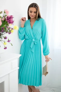 Rochie midi plisată turcoaz cu cordon în talie