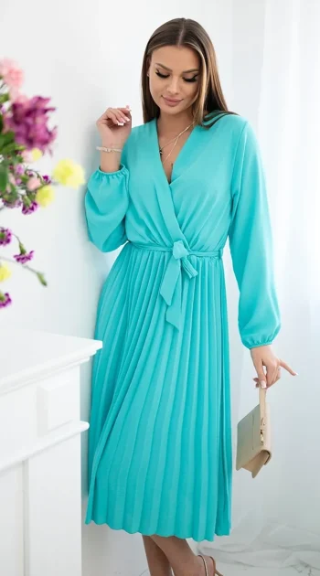 rochie-midi-plisata-turcoaz-cu-cordon-in-talie