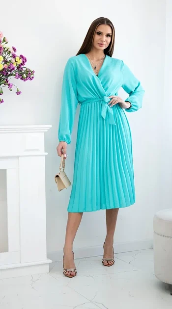 rochie-midi-plisata-turcoaz-cu-cordon-in-talie
