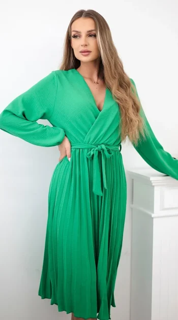 rochie-midi-plisata-verde-cu-cordon-in-talie