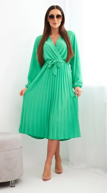 rochie-midi-plisata-verde-cu-cordon-in-talie