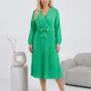 rochie-midi-plisata-verde-cu-cordon-in-talie