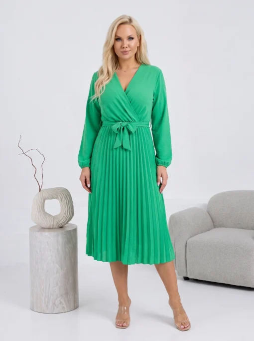 rochie-midi-plisata-verde-cu-cordon-in-talie