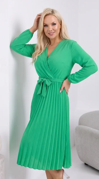 rochie-midi-plisata-verde-cu-cordon-in-talie