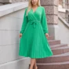 rochie-midi-plisata-verde-cu-cordon-in-talie