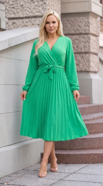 rochie-midi-plisata-verde-cu-cordon-in-talie