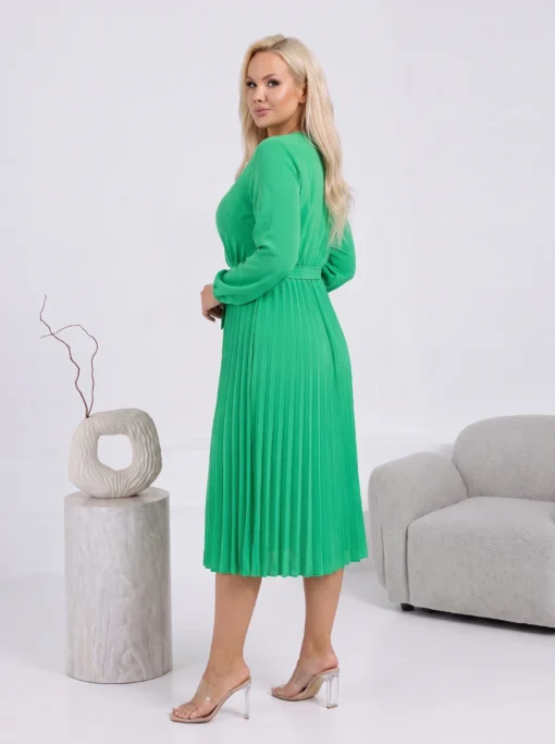 rochie-midi-plisata-verde-cu-cordon-in-talie