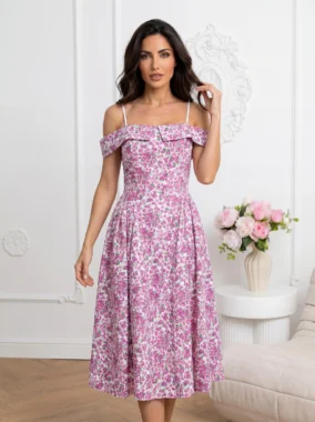 Rochie midi retro cu imprimeu floral, umerii lasati si cordon la spate