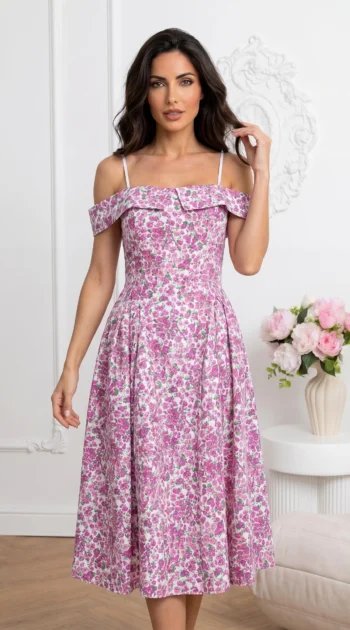 rochie-midi-retro-cu-imprimeu-floral-umerii-lasati-si-cordon-la-spate
