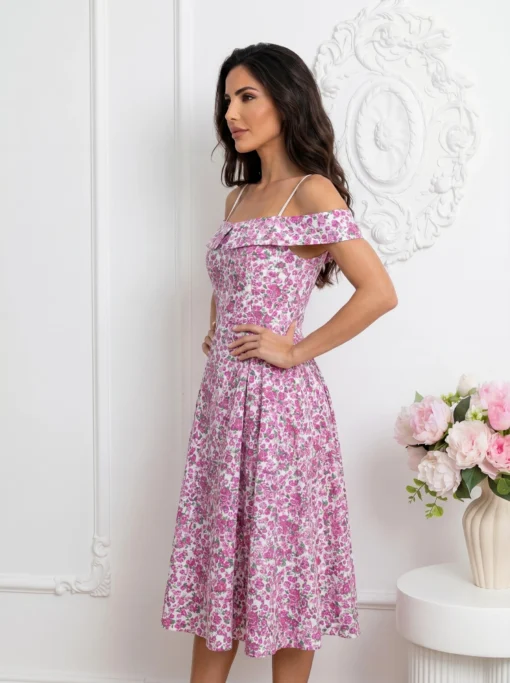rochie-midi-retro-cu-imprimeu-floral-umerii-lasati-si-cordon-la-spate