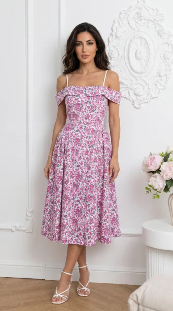 rochie-midi-retro-cu-imprimeu-floral-umerii-lasati-si-cordon-la-spate