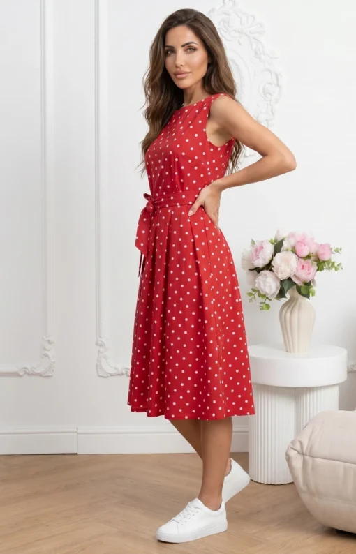 rochie-midi-rosie-din-bumbac-cu-buline-si-cordon-in-talie
