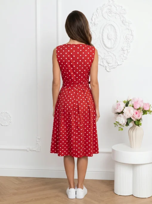 rochie-midi-rosie-din-bumbac-cu-buline-si-cordon-in-talie