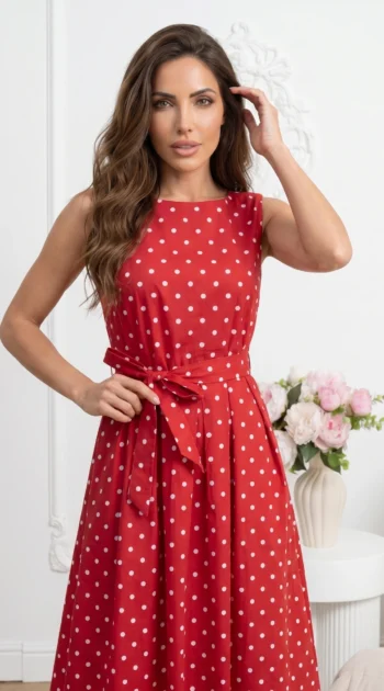 rochie-midi-rosie-din-bumbac-cu-buline-si-cordon-in-talie