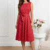 rochie-midi-rosie-din-bumbac-cu-buline-si-cordon-in-talie