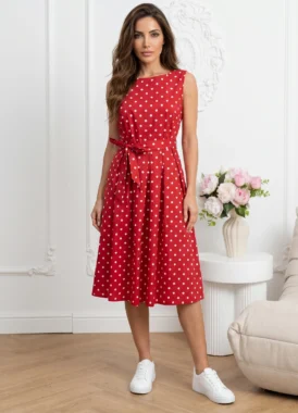 Rochie midi rosie din bumbac cu buline si cordon in talie