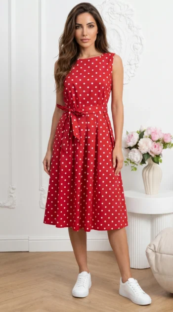 rochie-midi-rosie-din-bumbac-cu-buline-si-cordon-in-talie